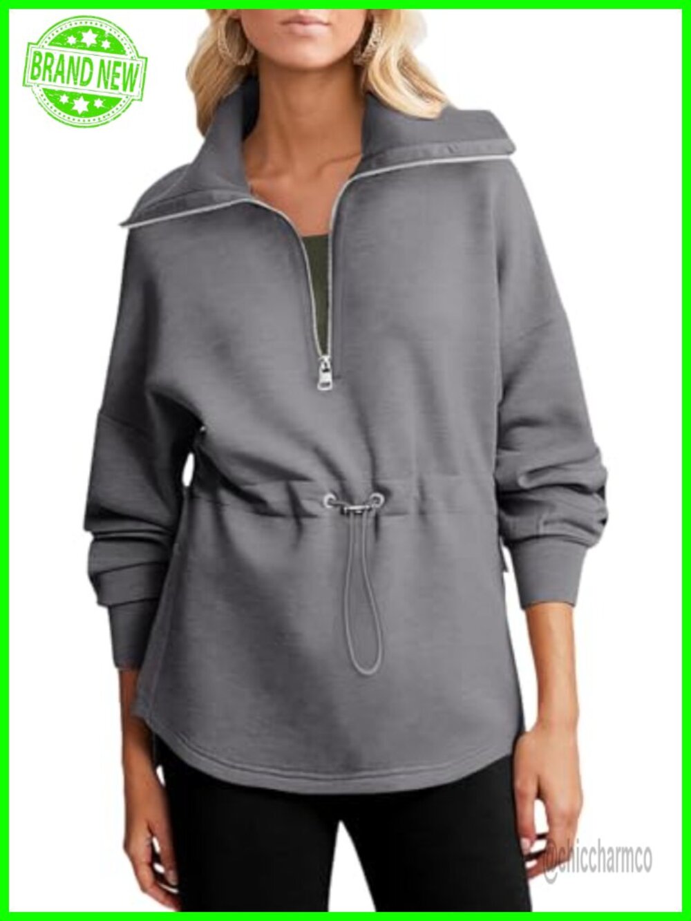 Oversized Half Zip Sweatshirt Drawstring Waist Long Sleeve Pullover